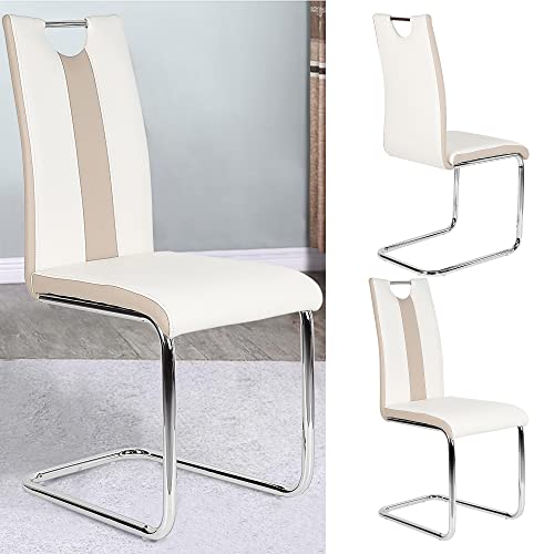 TUITUI 4 Esszimmerstühle aus Kunstleder, Esszimmerstühle in Zickzack-Form, mit gepolstertem Sitz und hoher Rückenlehne 50 cm, bequemer Wohnzimmerstuhl, modern (Weiß-Beige) von TUITUI