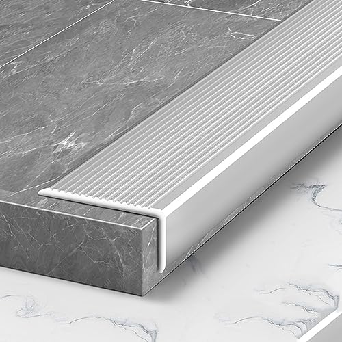 Übergangsprofil Geriffelt Holz zu Fliesen Schwellenwertreduktionsstreifen, Vinyl-Böden Nahtbindemittel -Abdeckstange 35,5 "lang, Treppenstiefkante Dekoration Trim Aluminiumlegierung (Color : Silver, von TUJOBA