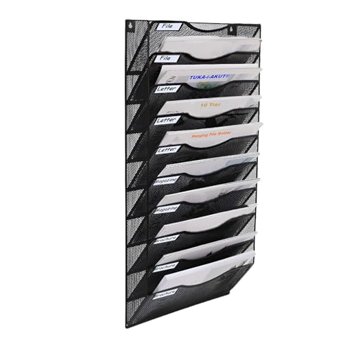 TUKA-i-AKUT 10 Fächer Wand Zeitschriftenhalter A4 Quer, Metall Netz Wandhalter mit Etiketten-Design, Hängend Organizer für Magazine Broschüren Dokumenten, Flyerhalter Briefhalter, Schwarz TKD8660-10F von TUKA-i-AKUT