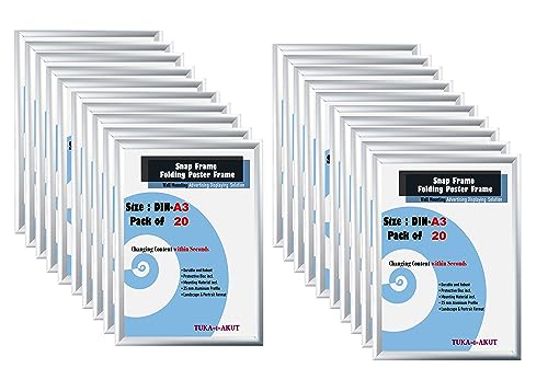 TUKA-i-AKUT 20er A3 Klapprahmen aus Aluminium 25 mm Profil, Plakatrahmen Wechselrahmen Poster Rahmen Schnapprahmen Aufklappbar mit Schutzscheibe Befestigungsmaterial, Silber Farbe, TKD8420-A3-20X von TUKA-i-AKUT