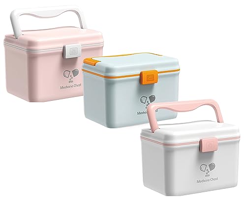 TUKA-i-AKUT 3X 4,8L Medizinbox Zweilagig Portable mit Tragegriff, Medikamentenbox Hausapotheke Box Erste-Hilfe-Box Aufbewahrungsbox Tragbar, Medizinkoffer Outdoor Home, 3er in Blau Pink Weiß TKD6402 von TUKA-i-AKUT