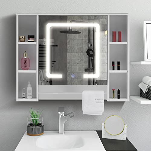 Spiegelschrank mit LED-Beleuchtung, verstellbaren Regalen & Handtuchhalter & 6 offene Ablagefächer, Badezimmerspiegel mit Touchschalter Badspiegel Lichtspiegel Wandspiegel Badschrank für Badezimmer von TUKAILAI