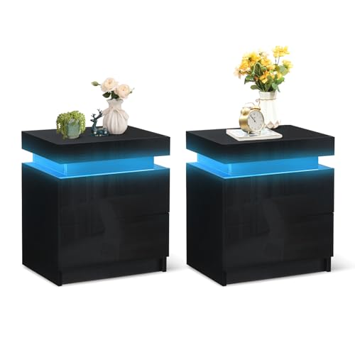 TUKAILAI 2X Nachttisch mit RGB Led Licht 2 Schubladen Nachtschrank Holz Beistelltisch Organizer Einheit Nachtkonsole Nachtkommode für Schlafzimmer Wohnzimmer Schwarz von TUKAILAI
