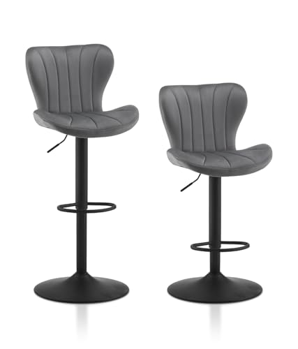 TUKAILAI Barhocker 2er Set Samt, Barstuhl Höhenverstellbar，360°Drehbar, Hocker mit lehne,fußstütze,metallrahmen, Moderner Schalenform Küchenhocker Tresenhocker für Küche Bars, Grau von TUKAILAI