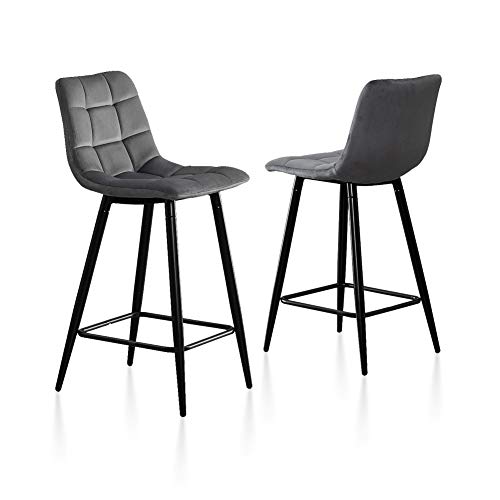 TUKAILAI Barhocker 2er Set Samt 65cm Höhe, Barstuhl Stereoskopisches Rasterbild, Tresenhocker Bistrohocker mit Rückenlehne und Metallbeine, Hocker für Küche Esszimmer Bistro Counter, Grau von TUKAILAI