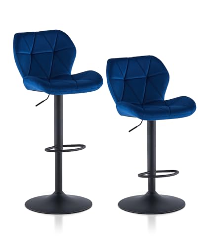 TUKAILAI Barhocker 2er Set aus Samt, Barstuhl Höhenverstellbar，Gepolsterter Drehhocker Tresenhocker, Küchenhocker mit Rückenlehne Fußstütze Metallrahmen, Hocker Drehbar für Küchen Bars, Blau von TUKAILAI