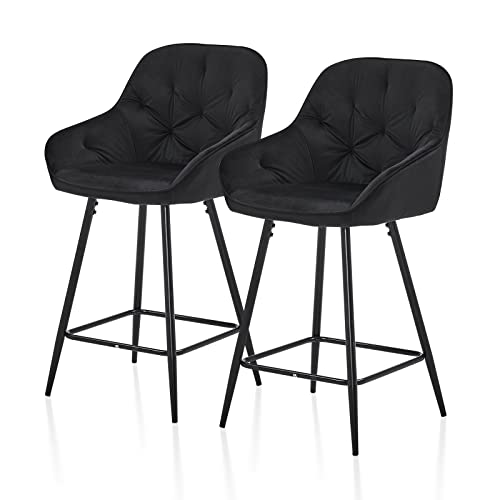TUKAILAI Barhocker 2er Set aus Samt, Barstuhl Tresenhocker Bistrohocker modern Hocker mit Rückenlehne, Armlehne, Metallfußstütze, Küche, Frühstückstrese, Essinsel, Kneipe, Schwarz 65cm von TUKAILAI