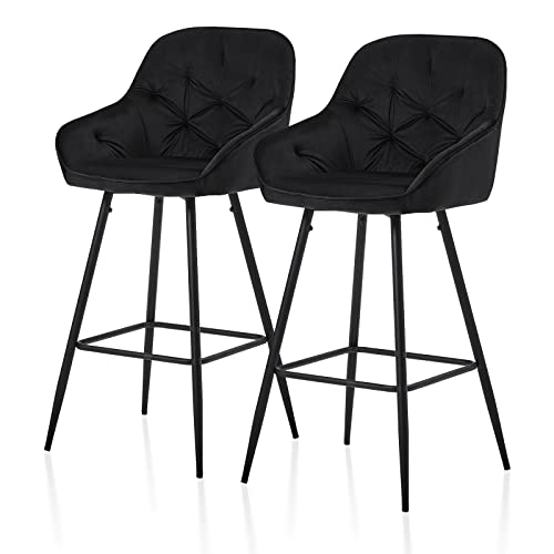 TUKAILAI Barhocker 2er Set aus Samt, Barstuhl Tresenhocker Bistrohocker modern Hocker mit Rückenlehne, Armlehne, Metallfußstütze, Küche, Frühstückstrese, Essinsel, Kneipe, Schwarz 75cm von TUKAILAI