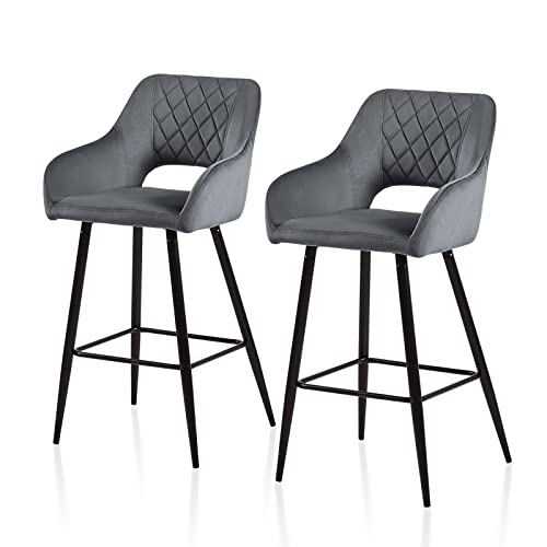 TUKAILAI Barhocker 2er Set aus Samt 75cm, Barstühle Küchenhocker Tresenhocker Bistrohocker mit Armlehnen, Offener Rückenlehne, Fußstütze, Polsterhocker für Bar Küchen Restaurant, Grau von TUKAILAI