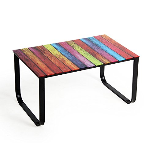TUKAILAI Beistelltisch Couchtisch Wohnzimmertisch Sofatisch Kaffeetisch mit Metallbeine Glass Platte in Vielfärbige Druck 105 x 55 x 42 cm (Regenbogen) von TUKAILAI