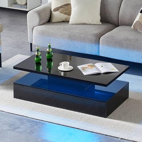 TUKAILAI Couchtisch mit LED Hochglanz, Verstellbares Licht，Coffee Table Wohnzimmertische für Wohnzimmer, Modern Rechtecke 2-stufiger Kaffeetische Schwarz, 110 * 60 * 38 cm von TUKAILAI