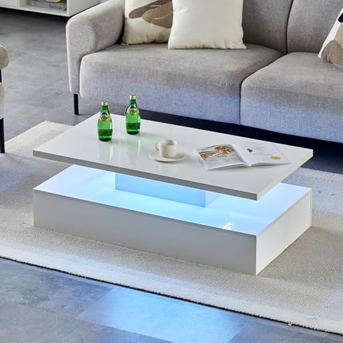 TUKAILAI Couchtisch weiß Hochglanz mit LED, Verstellbares Licht，Coffee Table Wohnzimmertische für Wohnzimmer, Modern Rechtecke 2-stufiger Kaffeetische, 110 * 60 * 38 cm von TUKAILAI