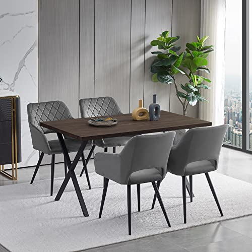 TUKAILAI Esszimmergruppe Esstisch Holz und 4 Stühlen mit Armlehne, Rechteckiger Küchentisch mit X-förmige Metallbeine und Esszimmerstuhl Set aus Samt, Essgruppe (Tisch 140cm + Stühle Set Grau) von TUKAILAI