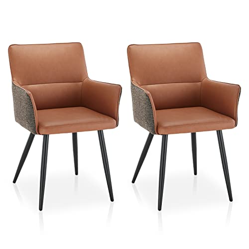 TUKAILAI Esszimmerstühle 2er Set, Armlehnstuhl aus Kunstleder und Leinen, Küchenstühlemit Metallbeinen,Polsterstuhl, Freizeitstühle, Sessel, Esszimmer, Wohnzimmer, Schlafzimmer, Braun von TUKAILAI