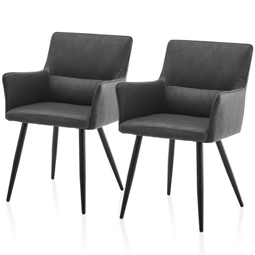 TUKAILAI Esszimmerstühle 2er-Set aus Kunstleder, Küchenstuhl mit Armlehnen, Rückenlehne, Metallbeine, Freizeit Polsterstuhl Wohnzimmer-Sessel für Esszimmer Küche Empfang Modern, Dunkelgrau von TUKAILAI