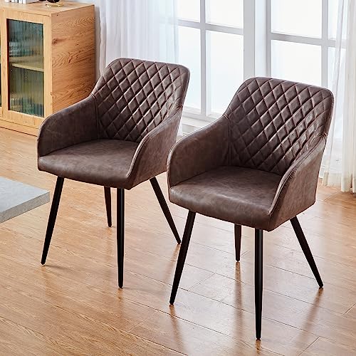 TUKAILAI Esszimmerstühle 2er Set aus Kunstleder, Modern Küchenstuhl Polsterstuhl Wohnzimmerstuhl Sessel mit Armlehnen Rückenlehne Metallbeinen, für Küche Esszimmer Wohnzimmer Lounge,Braun von TUKAILAI