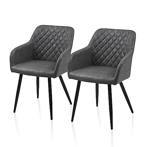 TUKAILAI Esszimmerstühle 2er Set aus Kunstleder, Modern Küchenstuhl Polsterstuhl Wohnzimmerstuhl Sessel mit Armlehnen Rückenlehne Metallbeinen, für Küche Esszimmer Wohnzimmer Lounge,Dunkelgrau von TUKAILAI
