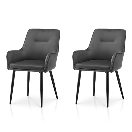 TUKAILAI Esszimmerstühle 2er-Set aus Samt, Küchenstühle mit Armlehnen, Freizeitstühle mit Metallbeinen und Kissen, Esszimmer, Wohnzimmer, Schlafzimmer, Empfangsraum, Restaurant，Grau von TUKAILAI