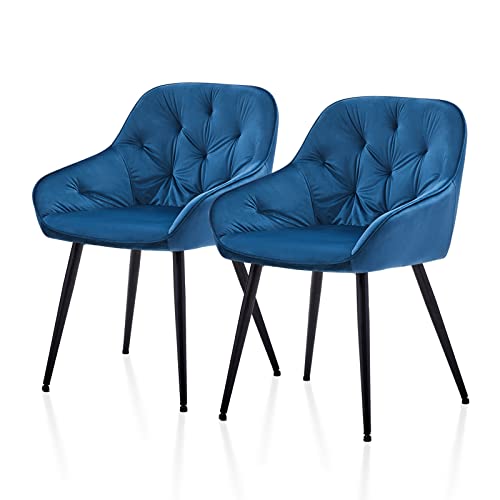 TUKAILAI Esszimmerstühle 2er Set aus Samt, Küchenstuhl Polsterstuhl Wohnzimmerstuhl mit Armlehne Rückenlehne Gepolstert Metallbeinen,Sessel Freizeitstuhl für Küche Wohnzimmer Lounge, Blau von TUKAILAI