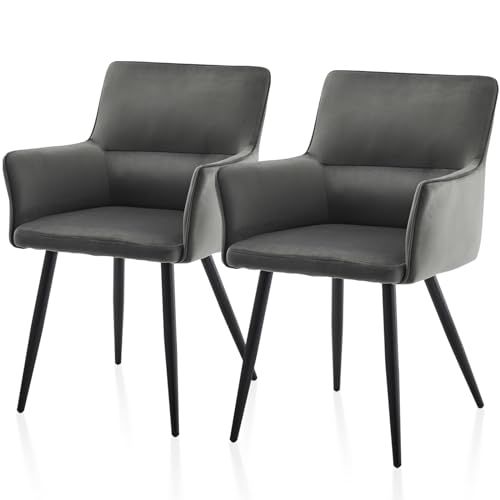TUKAILAI Esszimmerstühle 2er-Set aus Samt, Modern Polsterstuhl Küchenstuhl mit Armlehnen, Rückenlehne, Polstersitz, Metallbeine,Wohnzimmer-Sessel, Esszimmer Küche, 2 stück Stuhl, Dunkelgrau von TUKAILAI