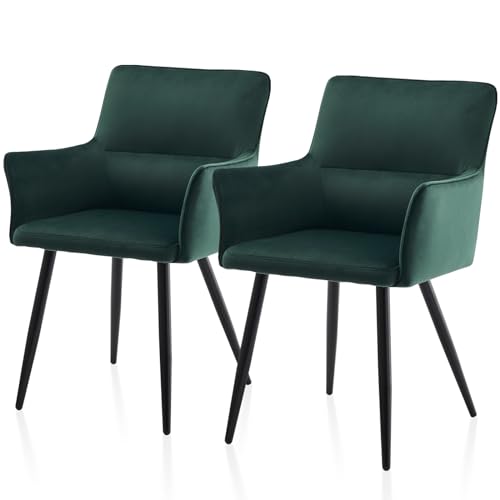 TUKAILAI Esszimmerstühle 2er-Set aus Samt, Modern Polsterstuhl Küchenstuhl mit Armlehnen, Rückenlehne, Polstersitz, Metallbeine,Wohnzimmer-Sessel, Esszimmer Küche, 2 stück Stuhl, Grün von TUKAILAI