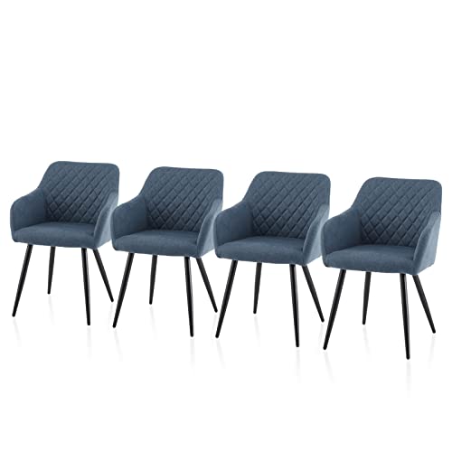 TUKAILAI Esszimmerstühle 4er Set Stoffbezug mit Armlehne und Rückenlehne, Freizeit-Lounge-Stühlen mit Gepolstertem Sitz, Küchenstuhl Polsterstuhl Sessel Polstersessel Metallbeine Diamant-Design Blau von TUKAILAI