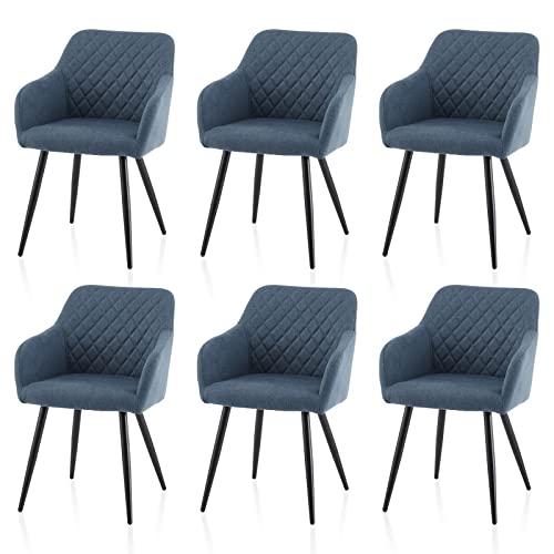 TUKAILAI Esszimmerstühle 6er Set Stoffbezug mit Armlehne und Rückenlehne, Freizeit-Lounge-Stühlen mit Gepolstertem Sitz, Küchenstuhl Polsterstuhl Sessel Polstersessel Metallbeine Diamant-Design Blau von TUKAILAI