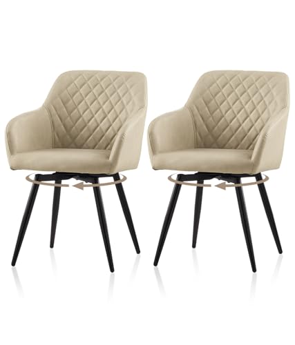 TUKAILAI Esszimmerstühle Drehbar 2er-Set Kunstleder, Drehstuhl Esszimmer mit Armlehnen Rückenlehne Metallbeine,Küchenstuhl Polsterstuhl Armlehnenstuhl für Wohnzimmer Küche Schlafzimmer, Beige von TUKAILAI