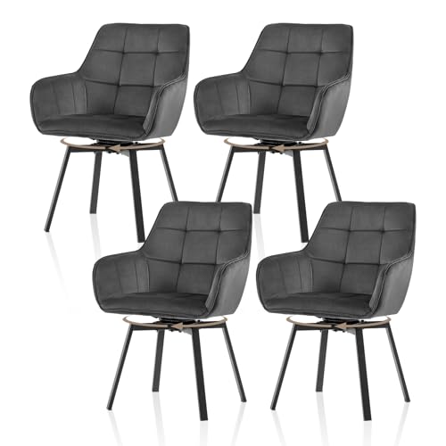TUKAILAI Esszimmerstühle Drehbar 4er Set, Drehstuhl esszimmer Samt mit Armlehnen Rückenlehne Gepolsterter Sitz Metallbeine, Armlehnstuhl Küchenstühle Polsterstuhl Sessel für Küche Wohnzimmer,Grau von TUKAILAI