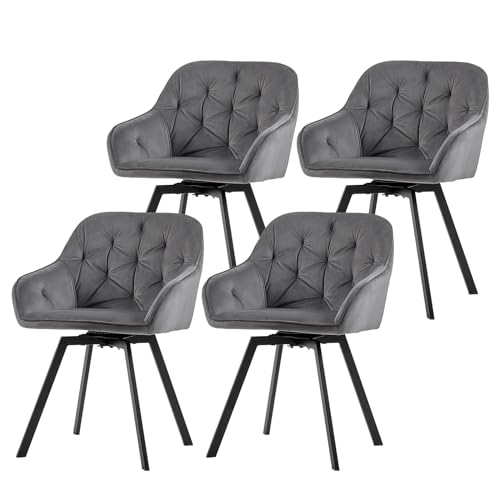 TUKAILAI Esszimmerstühle Drehbar 4er Set, Samt Drehstuhl mit Armlehnen Rückenlehne Dick Gepolsterter Sitz Metallbeine, Armlehnstuhl Küchenstühle Polsterstuhl für Küche Wohnzimmer Esszimmer,Grau von TUKAILAI