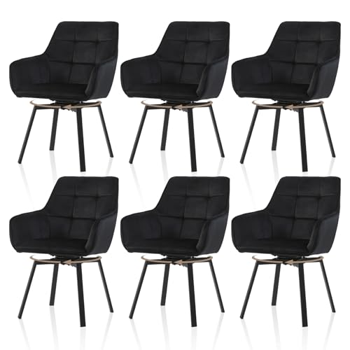 TUKAILAI Esszimmerstühle Drehbar 6er Set, Drehstuhl esszimmer Samt mit Armlehnen Rückenlehne Gepolsterter Sitz Metallbeine, Armlehnstuhl Küchenstühle Polsterstuhl Sessel für Küche Wohnzimmer,Schwarz von TUKAILAI