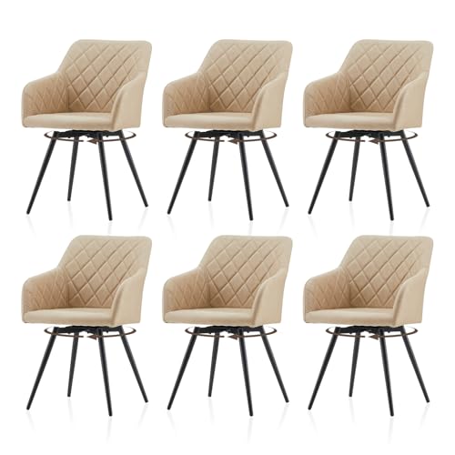 TUKAILAI Esszimmerstühle Drehbar 6er Set Kunstleder, Drehstuhl Esszimmer mit Armlehnen Rückenlehne Metallbeine,Küchenstuhl Polsterstuhl Armlehnenstuhl für Wohnzimmer Küche Schlafzimmer (Beige) von TUKAILAI