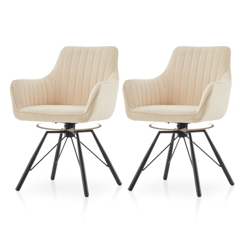 TUKAILAI Esszimmerstühle drehbar 2er-Set, Drehbare Küchenstuhl Samt, Ergonomischer Polsterstuhl mit Armlehnen Rückenlehne Metallbeine, Moderne Sessel für Esszimmer Wohnzimmer Küche, Creme von TUKAILAI