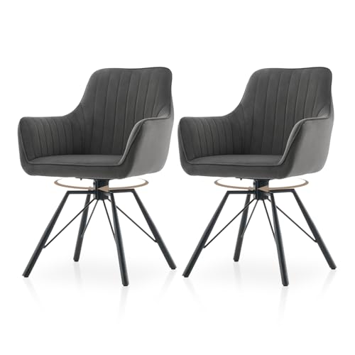 TUKAILAI Esszimmerstühle drehbar 2er-Set, Drehbare Küchenstuhl Samt, Ergonomischer Polsterstuhl mit Armlehnen Rückenlehne Metallbeine, Moderne Sessel für Esszimmer Wohnzimmer Küche, Grau von TUKAILAI