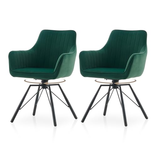 TUKAILAI Esszimmerstühle drehbar 2er-Set, Drehbare Küchenstuhl Samt, Ergonomischer Polsterstuhl mit Armlehnen Rückenlehne Metallbeine, Moderne Sessel für Esszimmer Wohnzimmer Küche, Grün von TUKAILAI