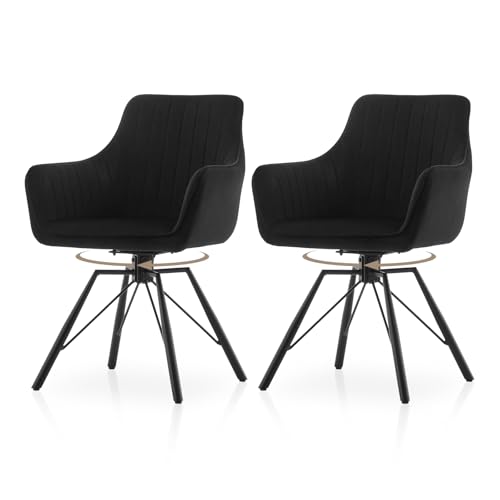 TUKAILAI Esszimmerstühle drehbar 2er-Set, Drehbare Küchenstuhl Samt, Ergonomischer Polsterstuhl mit Armlehnen Rückenlehne Metallbeine, Moderne Sessel für Esszimmer Wohnzimmer Küche, Schwarz von TUKAILAI