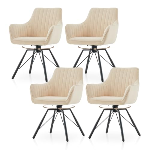 TUKAILAI Esszimmerstühle drehbar 4er-Set, Drehbare Küchenstuhl Samt, Ergonomischer Polsterstuhl mit Armlehnen Rückenlehne Metallbeine, Moderne Sessel für Esszimmer Wohnzimmer Küche, Creme von TUKAILAI
