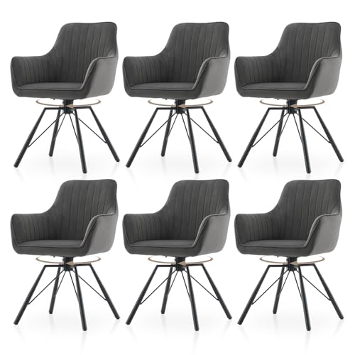 TUKAILAI Esszimmerstühle drehbar 6er-Set, Drehbare Küchenstuhl Samt, Ergonomischer Polsterstuhl mit Armlehnen Rückenlehne Metallbeine, Moderne Sessel für Esszimmer Wohnzimmer Küche, Grau von TUKAILAI