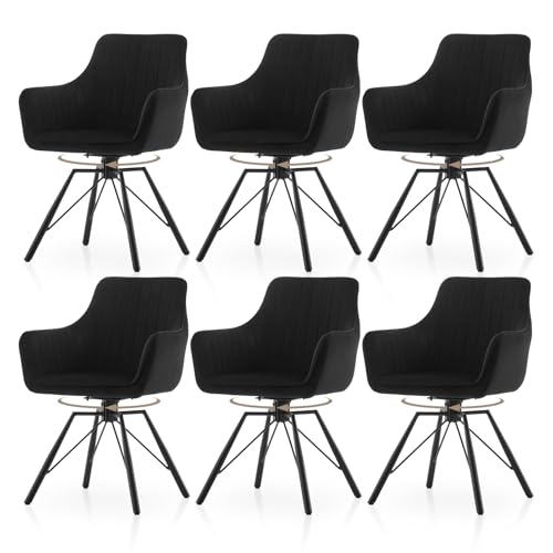 TUKAILAI Esszimmerstühle drehbar 6er-Set, Drehbare Küchenstuhl Samt, Ergonomischer Polsterstuhl mit Armlehnen Rückenlehne Metallbeine, Moderne Sessel für Esszimmer Wohnzimmer Küche, Schwarz von TUKAILAI