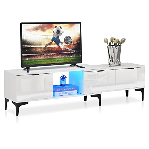 TUKAILAI Fernsehschrank Weiss Hochglanz mit LED Beleuchtung TV-Lowboard 120 CM-170CM Erweiterbar TV Schrank mit 3 Schubladen, Leuchten und Metallbeine Fernsehtisch Sideboard TV Möbel Tisch Board Weiß von TUKAILAI