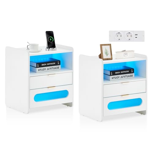 TUKAILAI Nachttisch 2er Set mit LED, Beistelltisch mit Ladefunktion, Nachtschrank mit 2 Schublade und Offener Lagerraum, Nachttisch Weiss Schublade, Nachtkasten für Schlafzimmer & Wohnzimmer TUKAILAI Nachttisch 2er Set mit LED, Beistelltisch mit Ladefunktion, Nachtschrank mit 2 Schublade und Offener Lagerraum, Nachttisch Weiss Schublade, Nachtkasten für Schlafzimmer & Wohnzimmer von TUKAILAI