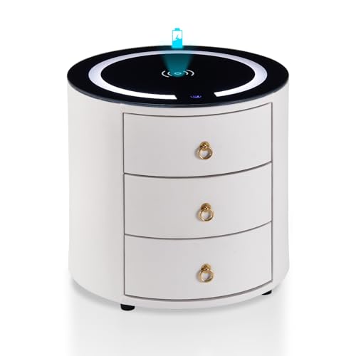 TUKAILAI Nachttisch 2er Set mit LED, Nightstand mit Ladefunktion, Nachtschrank mit 3 Schubladen, Schlafzimmer Beistelltisch, Nachtkasten Modern, Nachttisch Rund 46×46×46cm, Weiß von TUKAILAI