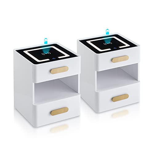TUKAILAI Nachttisch 2er Set,Nightstand mit Drahtlose Ladefunktion,3 Farben Touchscreen LED-Nachtlichter, Bedside Table Intelligentes Induktionslicht,2 Schubladen,Holz Weiß,40 * 40 * 50 cm von TUKAILAI