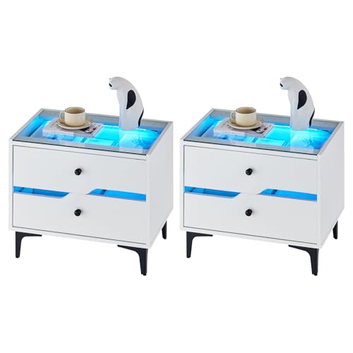 TUKAILAI Nachttisch 2er Set Weiß mit LED, Kommode Nightstand Holz mit 2 Schublade,Tischplatte aus klarem Glas Nachtschrank für Schlafzimmer Modern 60 * 40 * 53 cm von TUKAILAI
