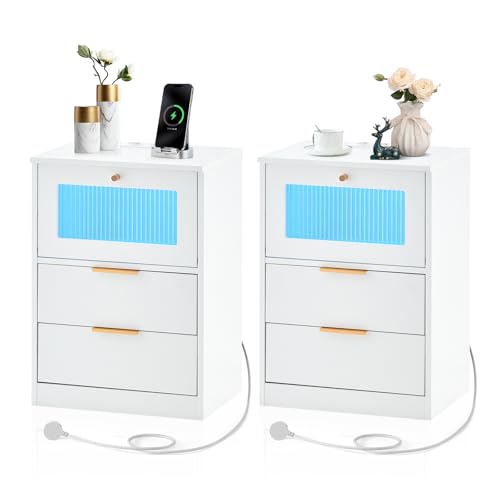 TUKAILAI Nachttisch 2er Set mit LED, Beistelltisch mit Ladefunktion, Nachttisch Weiß mit 3 Schublade, Nachtkasten modern für Wohnzimmer und Schlafzimmer von TUKAILAI