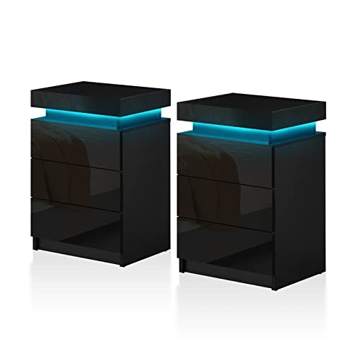 TUKAILAI Nachttisch 2er Set mit LED, Nachttisch Schwarz, Nachtschrank mit 3 Schublade, Nachtkasten modern für Wohnzimmer und Schlafzimmer, 45x35x67.5 cm von TUKAILAI