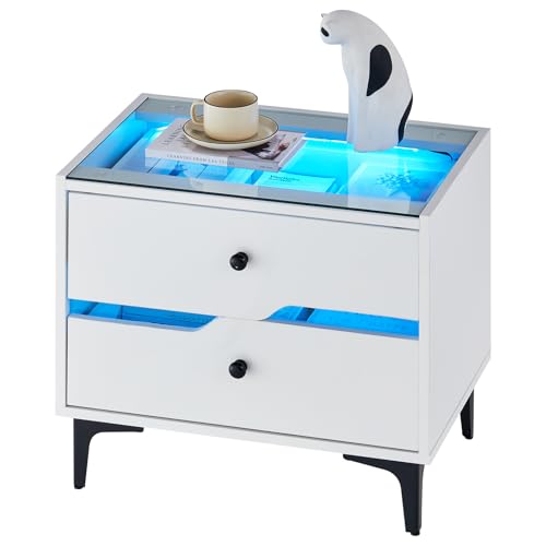 TUKAILAI Nachttisch Weiß mit LED, Kommode Nightstand Holz mit 2 Schublade,Tischplatte aus klarem Glas Nachtschrank für Schlafzimmer Modern Design 60 * 40 * 53 cm von TUKAILAI