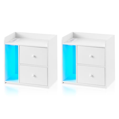 TUKAILAI Nachttisch mit LED, Beistelltisch mit Ladefunktion, Nachtschrank mit 2 Schublade, Nachtkasten modern für Wohnzimmer und Schlafzimmer von TUKAILAI