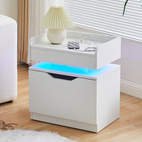 TUKAILAI Nachttisch mit LED, Nachttische Weiß mit 1 große Schublade und Ladestation, nachtschrank Schrank mit Lagerung und USB-Ladeanschluss, für Schlafzimmer Wohnzimmer, Nightstand, 35x50x55.5cm TUKAILAI Nachttisch mit LED, Nachttische Weiß mit 1 große Schublade und Ladestation, nachtschrank Schrank mit Lagerung und USB-Ladeanschluss, für Schlafzimmer Wohnzimmer, Nightstand, 35x50x55.5cm von TUKAILAI