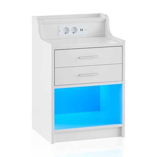 TUKAILAI Nachttisch mit Ladefunktion, Nightstand Weiß mit LED Sockel, Holz Beistelltisch mit 2 Schublade Lagerung, Nachtschrank für Schlafzimmer Modern Kommode Hochglanz 40 * 35 * 65 cm von TUKAILAI